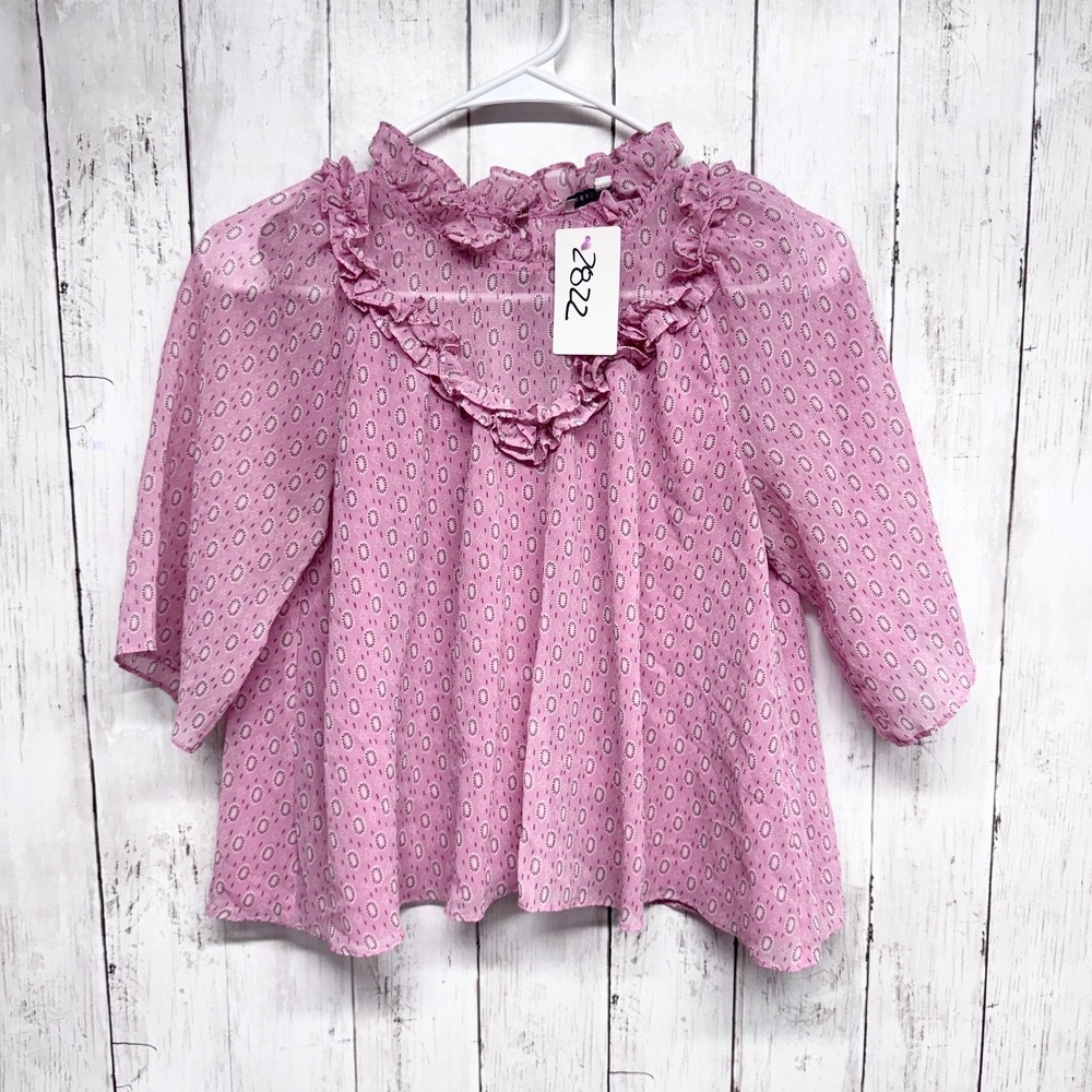 Rebecca Minkoff Ruffle‎ V-Neck Blouse Womens Size XS Pink Geo Print Sheer Top
